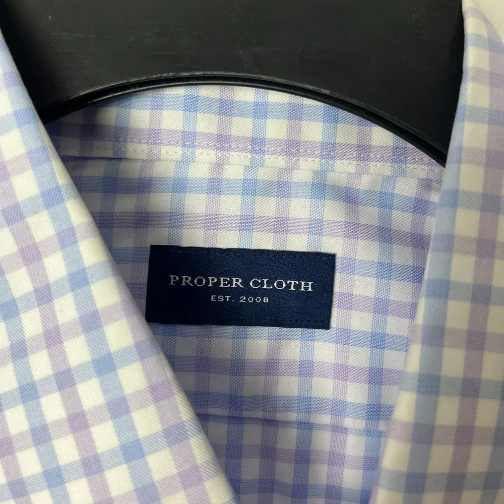 Proper Cloth Button Down Shirt Mens XL Gingham Short Sleeve Monogram JHG Blue
